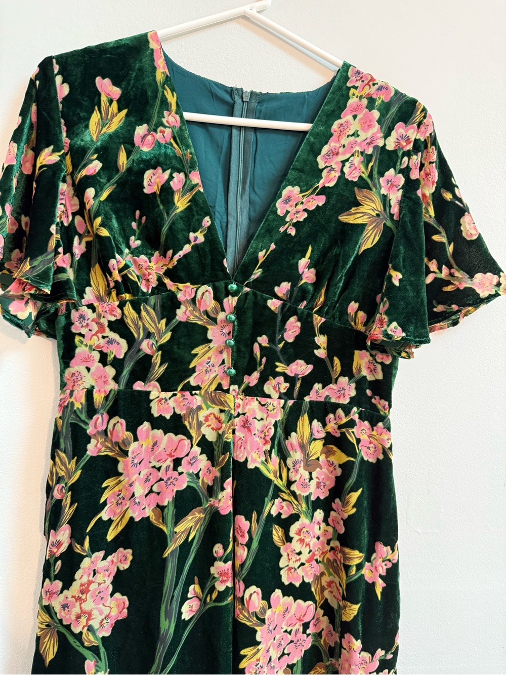 Retro Stage Velvet Floral V-Neck Dress in Dark Green and Pink